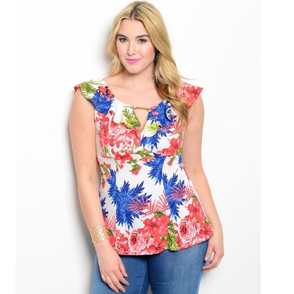 Viva You Ladies Empire-Waist Top Floral Ruffled-Neck White Combo Size 1XL  NWOT